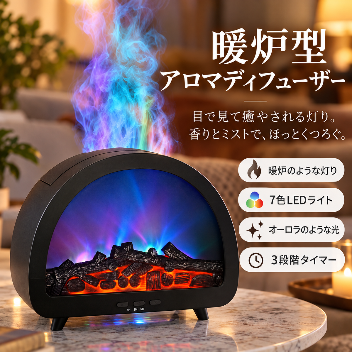 7色LED・リモコンで簡単操作！暖炉型アロマディフューザー