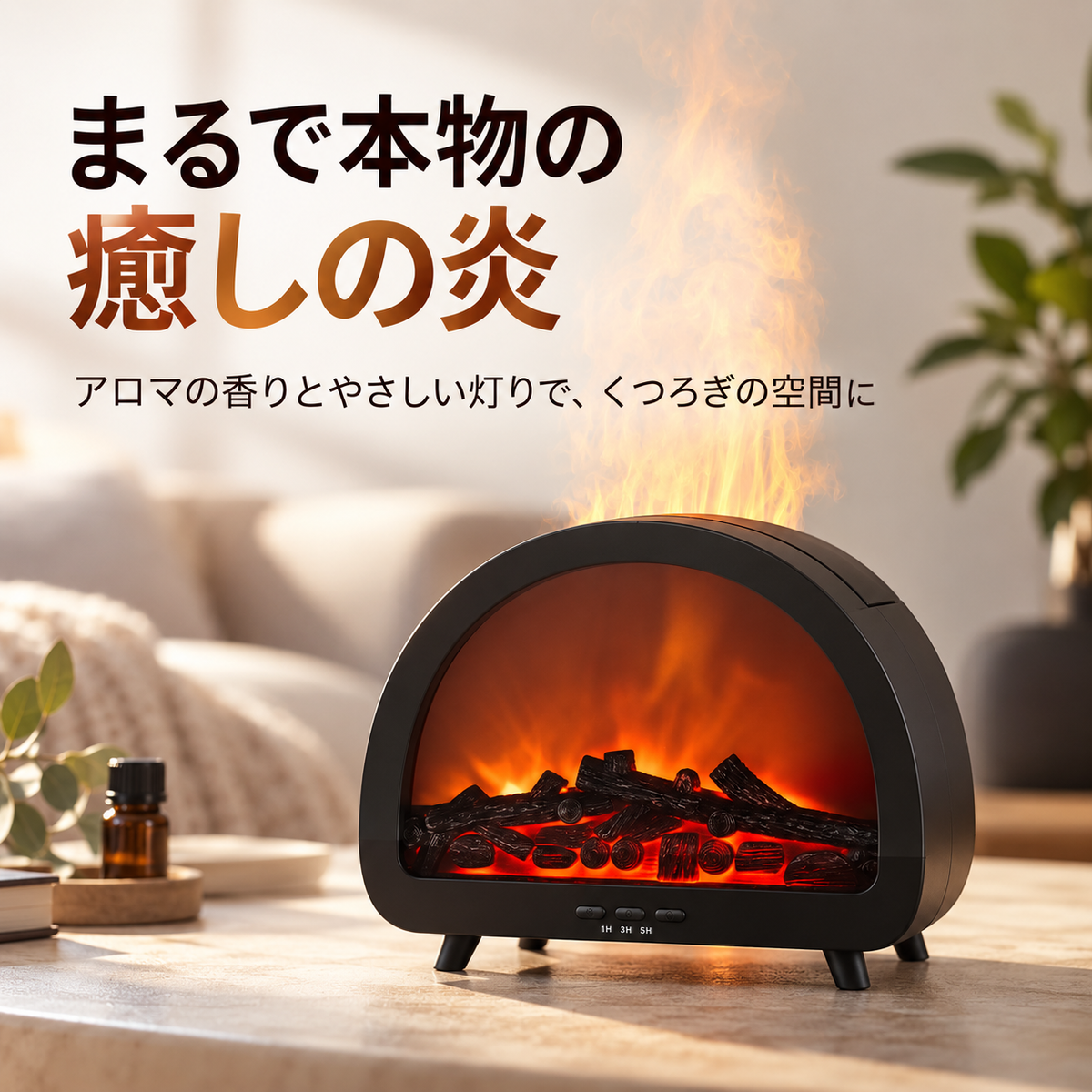 7色LED・リモコンで簡単操作！暖炉型アロマディフューザー