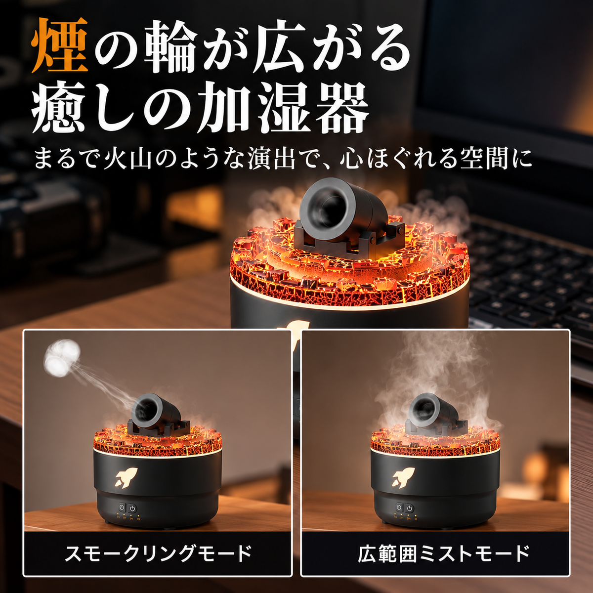 7色のLEDライト付き 火山型アロマ加湿器