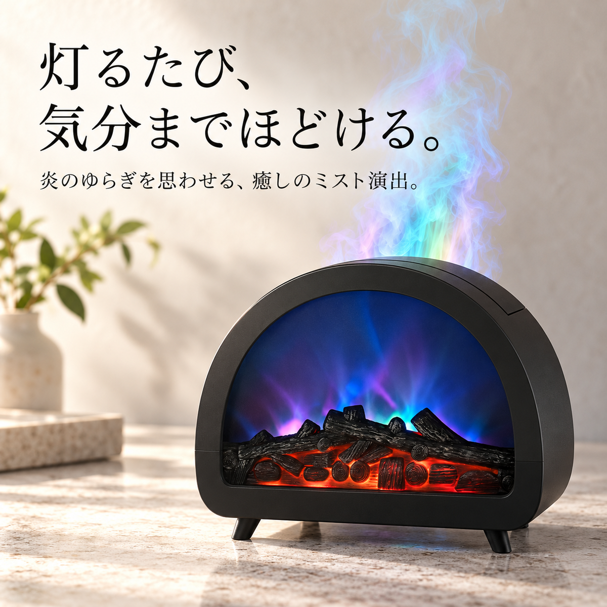 7色LED・リモコンで簡単操作！暖炉型アロマディフューザー